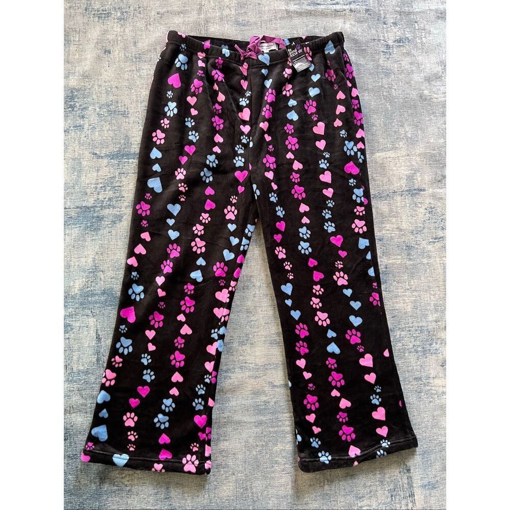 The Animal Rescue Site Plush Black Pink Blue Heart Paw Print Pajama Pants 3X